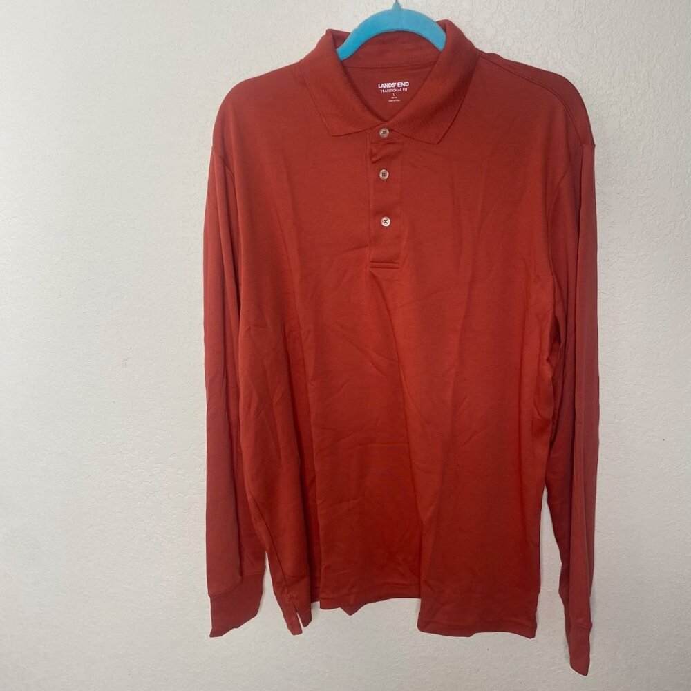 Lot of 2‎ Lands End Long Sleeve Polo Shirt Mens L Red Orange Cotton Blend
